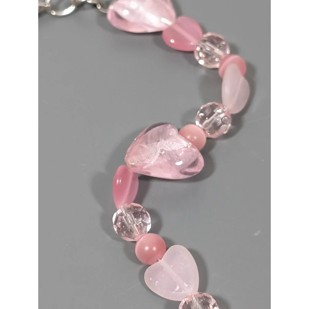 Pink Frosted Glass Heart Multi‎ Chain Paris Charm Necklace 20